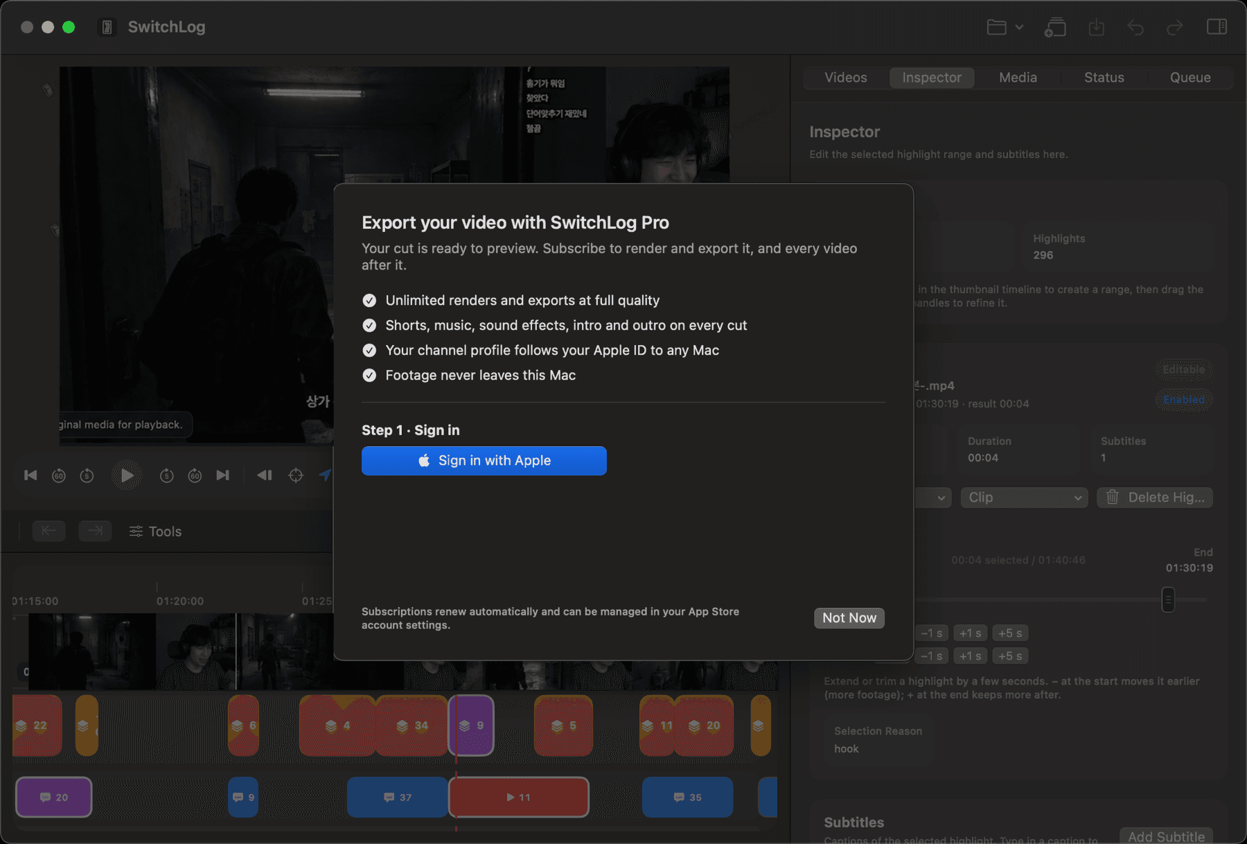 Free until the export; then Sign in with Apple and SwitchLog Pro